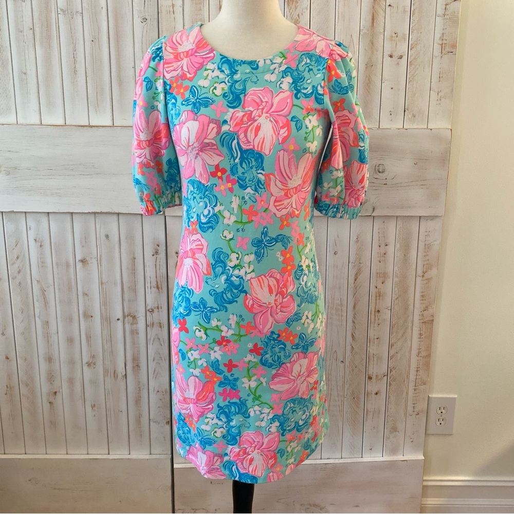 Lilly Pulitzer floral, jersey knit dress with puff sleeves size XS